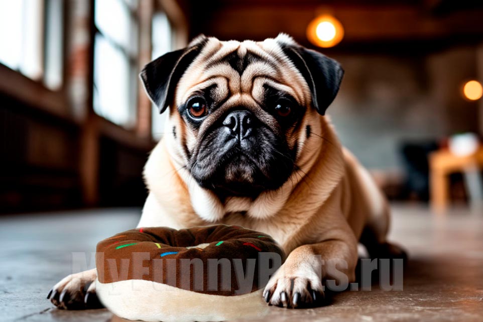 игрушечный донат с шоколадом для игр с мопсиком